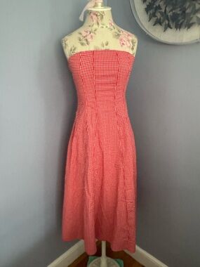 Abercrombie & Fitch Red Gingham Strapless Midi Dress